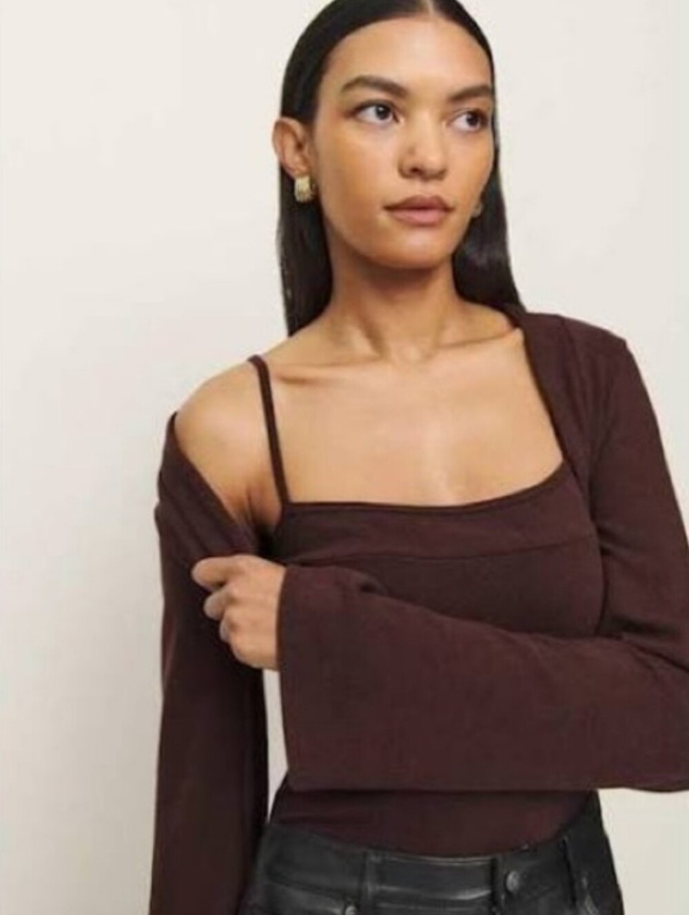 REFORMATION CHLOE KNIT SHRUG SET IN MAHOGANY